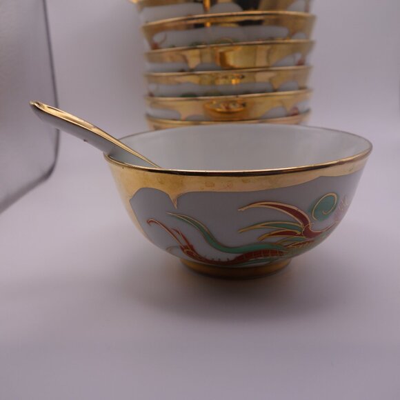 Set of Seven(7) Dragon Gold Color Soup Bowls & Spoons Made in Hong Kong - Picture 5 of 16